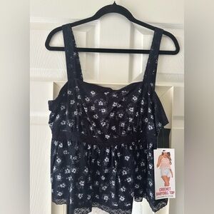 Celebrity Pink Black Floral Crochet Babydoll Top